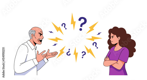 Illustration of family conflict with angry expressions and question marks for relationship advice design vector illustration