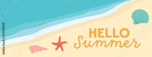 hello summer banner tropical beach and colorful sea shells; perfect for vacation-themed graphics, travel promotions, or seasonal marketing materials- vector illustration