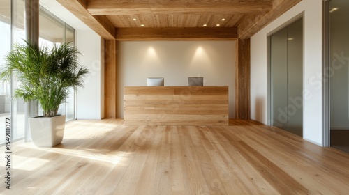 Wallpaper Mural A minimalist reception area featuring wooden elements, sleek design, and a lush plant brings a balanced atmosphere of professionalism and warmth to an office environment. Torontodigital.ca