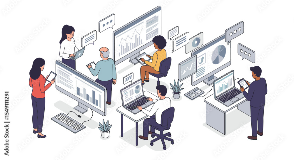 Fototapeta premium Collaborative data analysis and communication in a modern office environment vector illustration