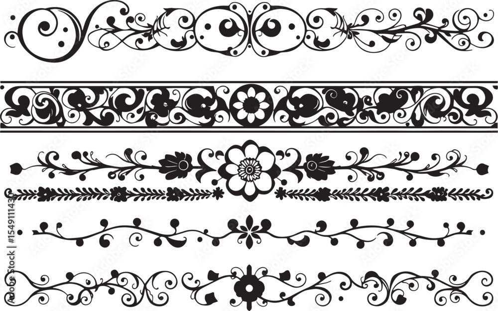 A set of decorative patterned borders, lines, and stripes. Hand drawn vector illustration A set of decorative patterned borders, lines, and stripes. Hand drawn vector illustration