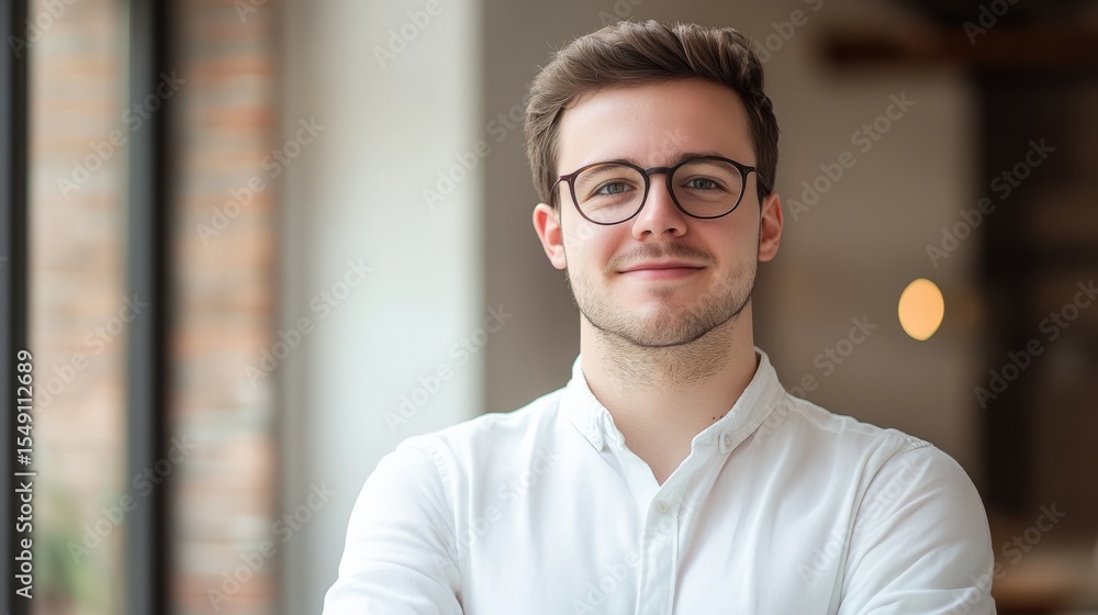 Obraz premium Confident Young Man with Glasses Smiling in Bright Modern Office Environment