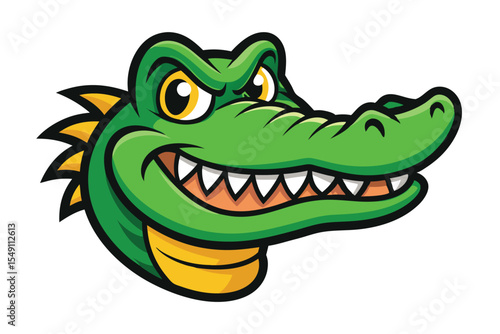 Cartoon alligator head smiles menacingly showing sharp teeth, with green and yellow scales
