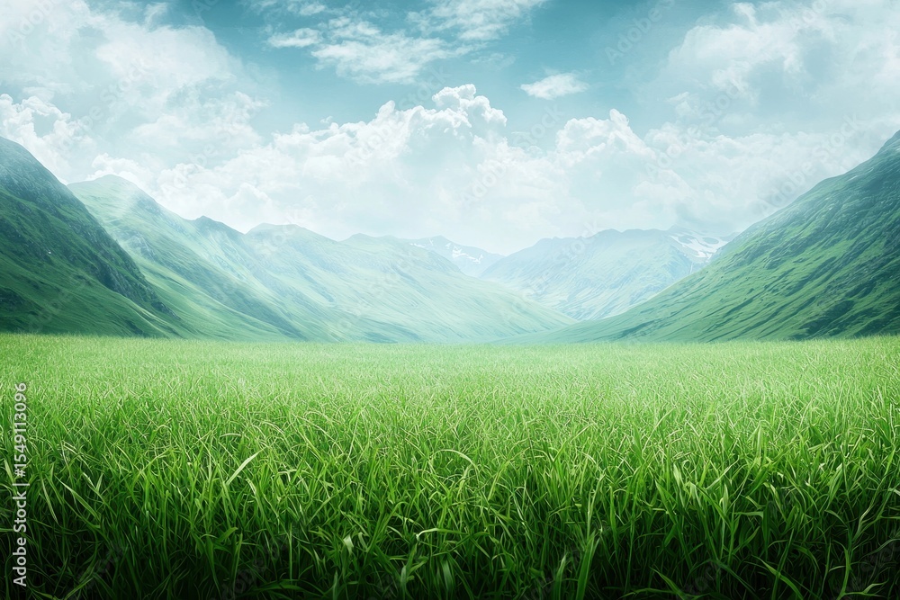 Fototapeta premium Lush Green Grass Landscape Surrounded by Majestic Mountain Range