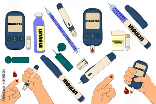 Set of diabetes mellitus concept with glucose meters, insulin pens, test strips, syringes, and blood sugar testing. Flat medical illustration isolated on white background. Chronic illness, healthcare.