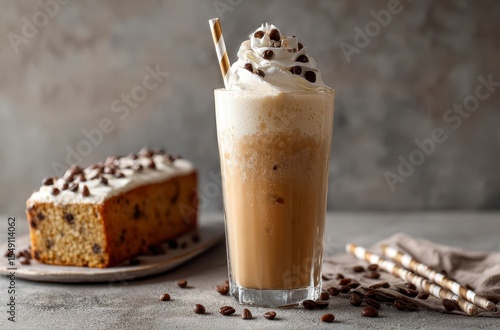 Iced Coffee with Whipped Cream and Chocolate Chip Cake
