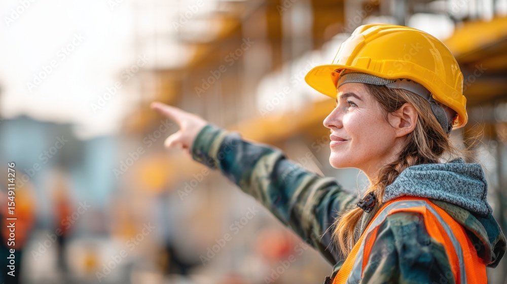 Obraz premium Female construction worker in safety helmet pointing at construction site with bright sunlight