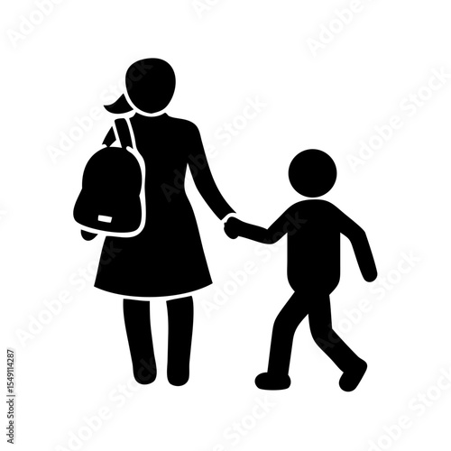 Mother and Son Silhouette Clipart with School Background – Family Education Concept

