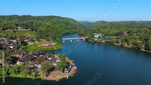 Skyview in the countryside with the village villagers mountain forest waterfall by drone