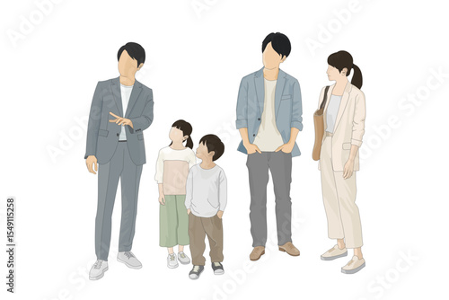 ジャケットを着た営業マンが見学会でお客様である家族に説明をしている全身イラスト