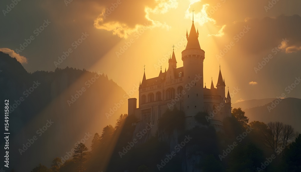 Fototapeta premium Medieval Castle on Mountain During Sunset with Dramatic Sky and Sun Rays