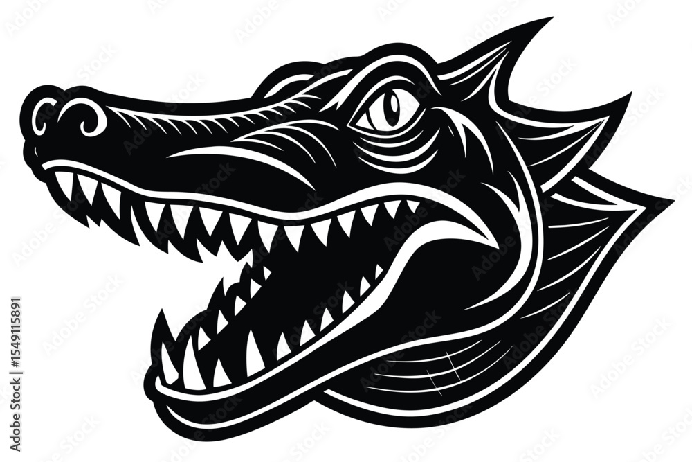 Fototapeta premium Black and white shows an alligator head with open mouth and sharp teeth