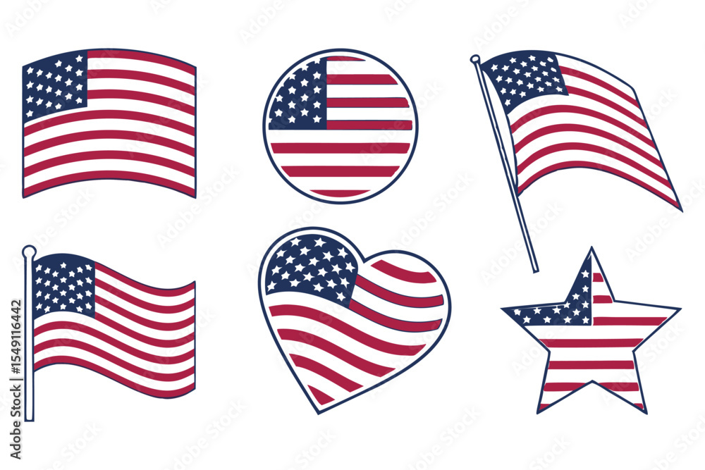 Set of American Flag Icons in Different Shapes – Vector Illustration Set of American Flag Icons in Different Shapes – Vector Illustration
