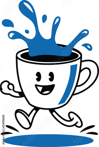 Cute cartoon coffee cup vector with splash expression happy face and playful running character
