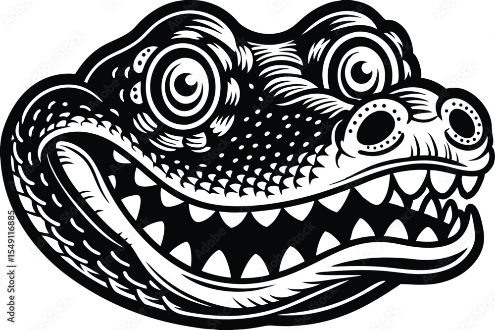 Fototapeta premium Black and white alligator head shows sharp teeth in a fierce, tribalinspired animal icon