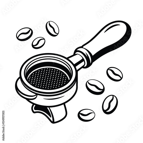 Espresso Machine Portafilter with Coffee Beans Black and White Illustration