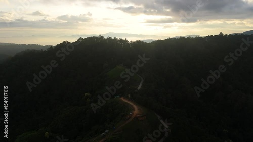 Skyview in the countryside with the village villagers mountain forest waterfall by drone