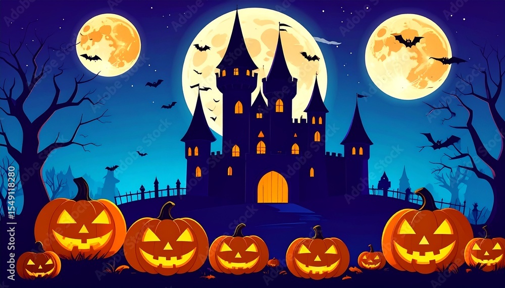 Fototapeta premium Halloween night scene with a spooky castle, pumpkins, and full moon. Spooky and mysterious atmosphere