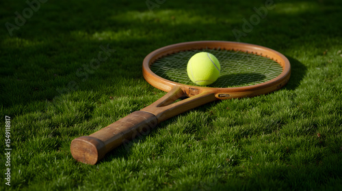 Classic Wooden Tennis Racket with Green Ball on Trimmed Grass Representing Tournament Spirit