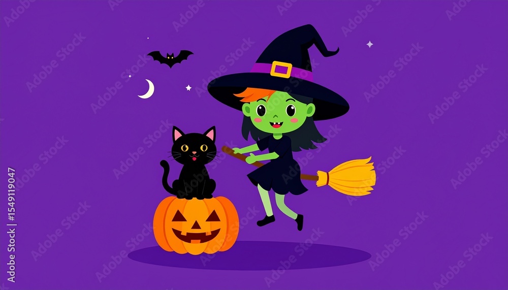 Fototapeta premium A witch and her black cat on a pumpkin, flying on a broomstick against a purple background