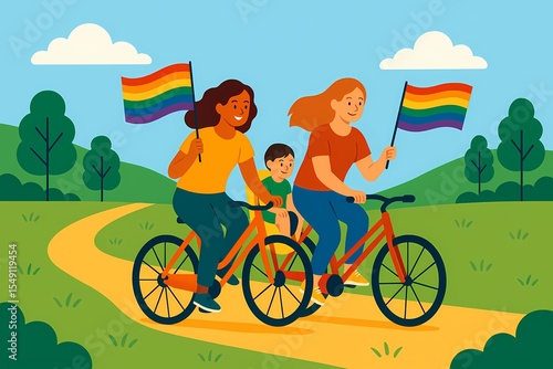 Lesbian couple cycling with child in park during Pride celebration, AI generated