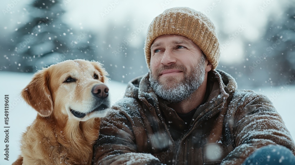 Fototapeta premium A serene winter scene featuring a man sitting in the snow next to his golden retriever, capturing the essence of companionship and joy during the snowy season.