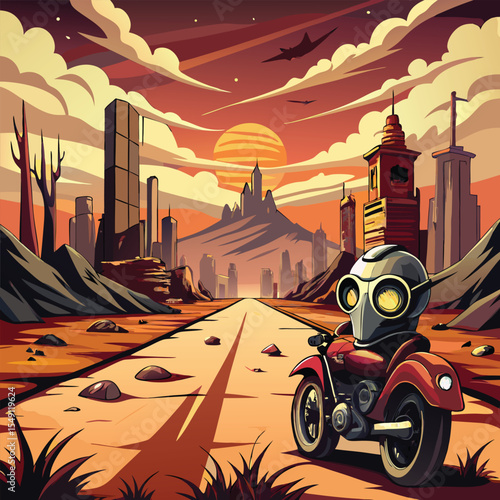 Deserted road trip through a ruined world, motorbike, gas mask traveler, abandoned cities, gritty textured vector style.eps