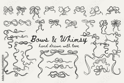 Whimsical bow set with loose bows and corner decorations for frames. Ideal for invitations, scrapbook design, and packaging.