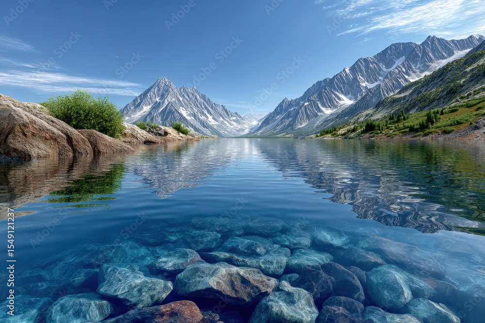 Obraz premium Majestic mountain landscape with towe snow-capped peaks, crystal-clear river flowing through lush green valley under bright blue sky