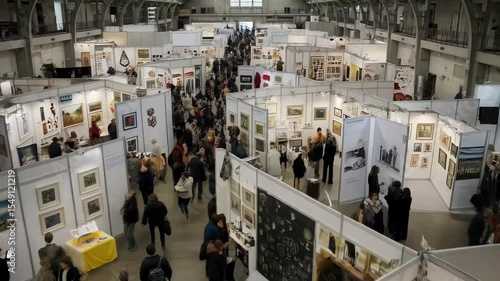 A large art fair is bustling with activity as visitors browse numerous paintings and photographs displayed in numerous booths