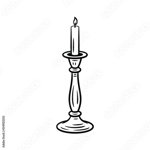Elegant candlestick with burning candle black and white illustration