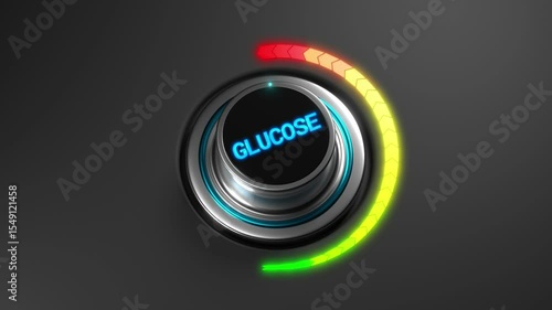 3D animation of a rising glucose level on a color dial from green to red. Perfect for health, diabetes, nutrition, or medical visuals