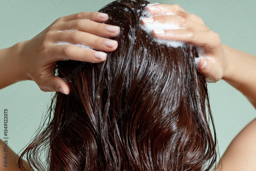 Naklejka premium Beautiful woman washing her long brown hair with shampoo in a bathroom with water and bubbles, personal hair care and hygiene routine