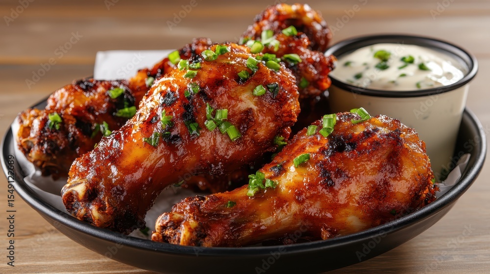 Fototapeta premium An appetizing plate featuring grilled chicken drumsticks drizzled with a savory sauce, complemented by fresh green onions, ideal for food lovers and culinary enthusiasts.
