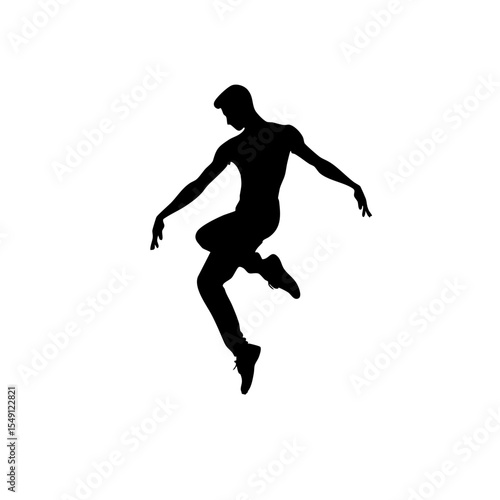 Male dancer silhouette jumping in dynamic pose on white background  