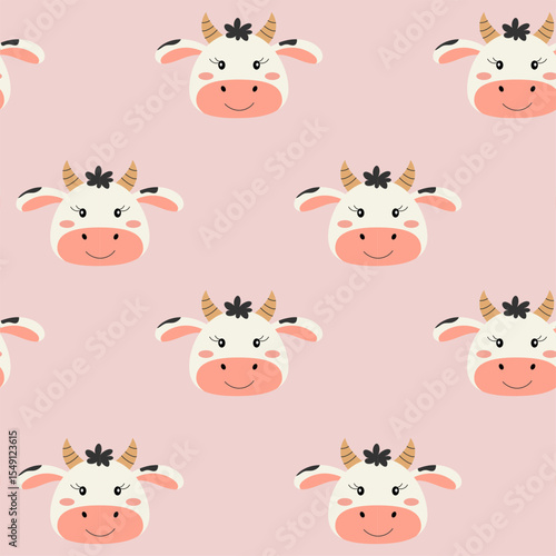 Seamless pattern with cute cow. Pattern for fabric, wrapping, textile, wallpaper, clothing. Vector illustration.