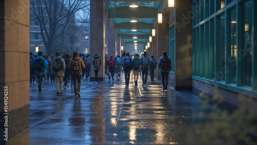 Students walking in a campus hallway after rain with building reflections and ambient lighting during dusk