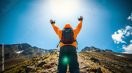 happy young woman jumping in the mountains