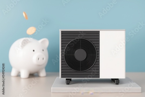 White piggy bank beside a modern heat pump; coins fly upwards, suggesting energy savings.