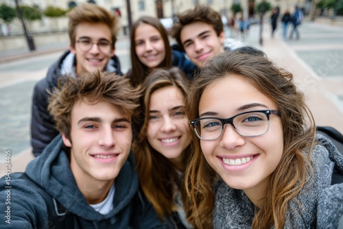 Group of six diverse smiling teenagers taking a selfie outdoors in a park du daytime with happy expressions and casual clothing