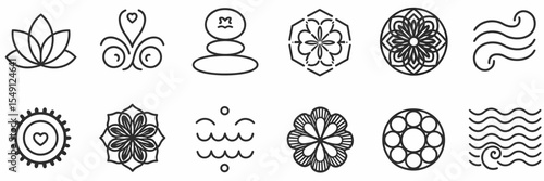 clean vector icons of mindfulness symbols lotus flower zen stone mandala and waves