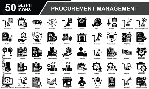 Procurement Management  Icon Set Collection. Containing Procurement, Management, Supply Chain, Purchasing, Sourcing, Inventory, Logistics, Allocation, Distribution.  Simple Glyph Vector Illustration.