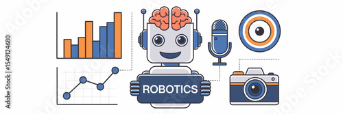 Flat vector illustration of robot with brain, microphone, camera, and graph – Great for robotics presentations, AI platforms, or data science visuals