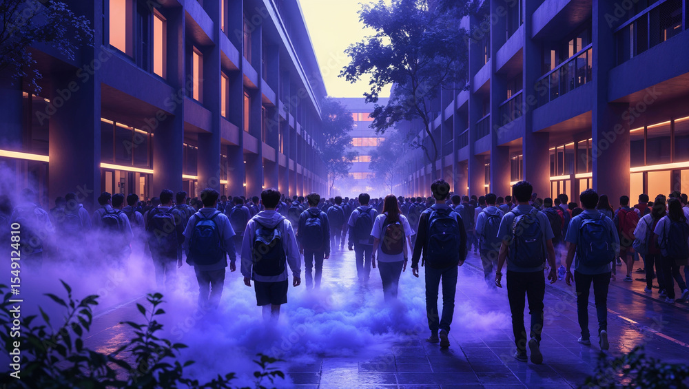 Obraz premium Students walking through a misty city street surrounded by modern architecture at dusk