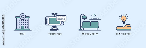 Minimal vector icon set of therapy settings with clinic, video therapy, room, and self-help tools
