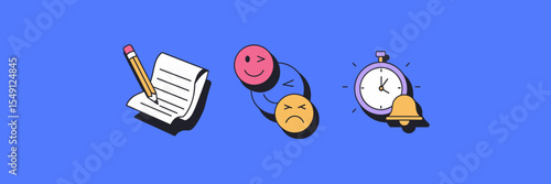 Digital journaling app UI icons with pencil, mood tags, and reminders on blue background