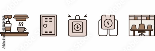 minimalist vector icon set of co-working amenities with coffee bar locker power outlet and conference room
