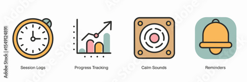 Flat vector icons for mindfulness app with session logs, progress charts, calm sounds, and reminders