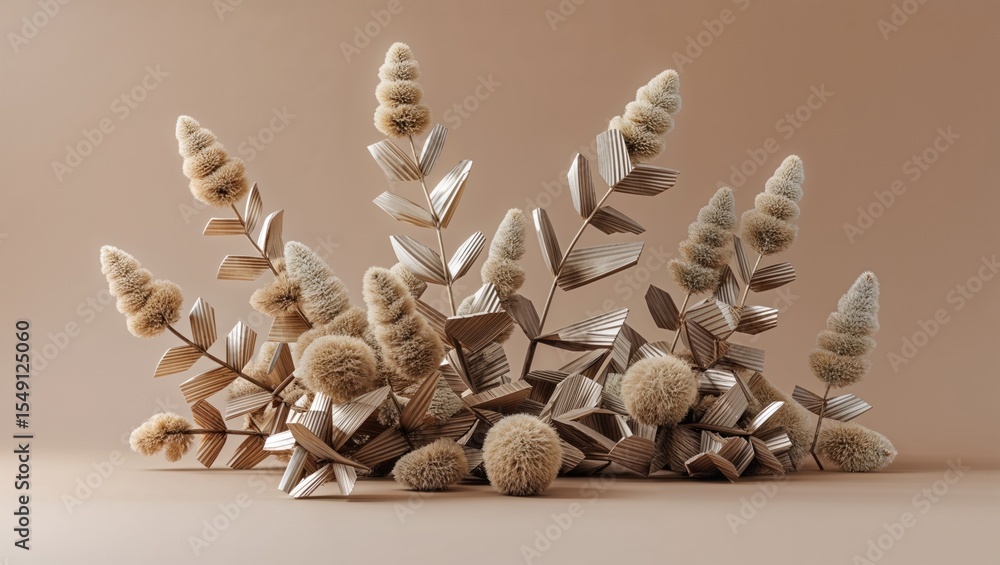 Obraz premium Presenting arrangement on tabletop surface featuring dried grass plumes, seedheads, metallic leaves