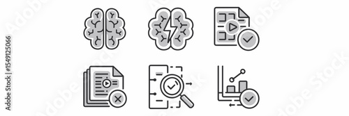 Icon set of machine learning tools including brain lightning, dataset play, feature selection, and model evaluation – Great for tech education, startup decks, or data training visuals